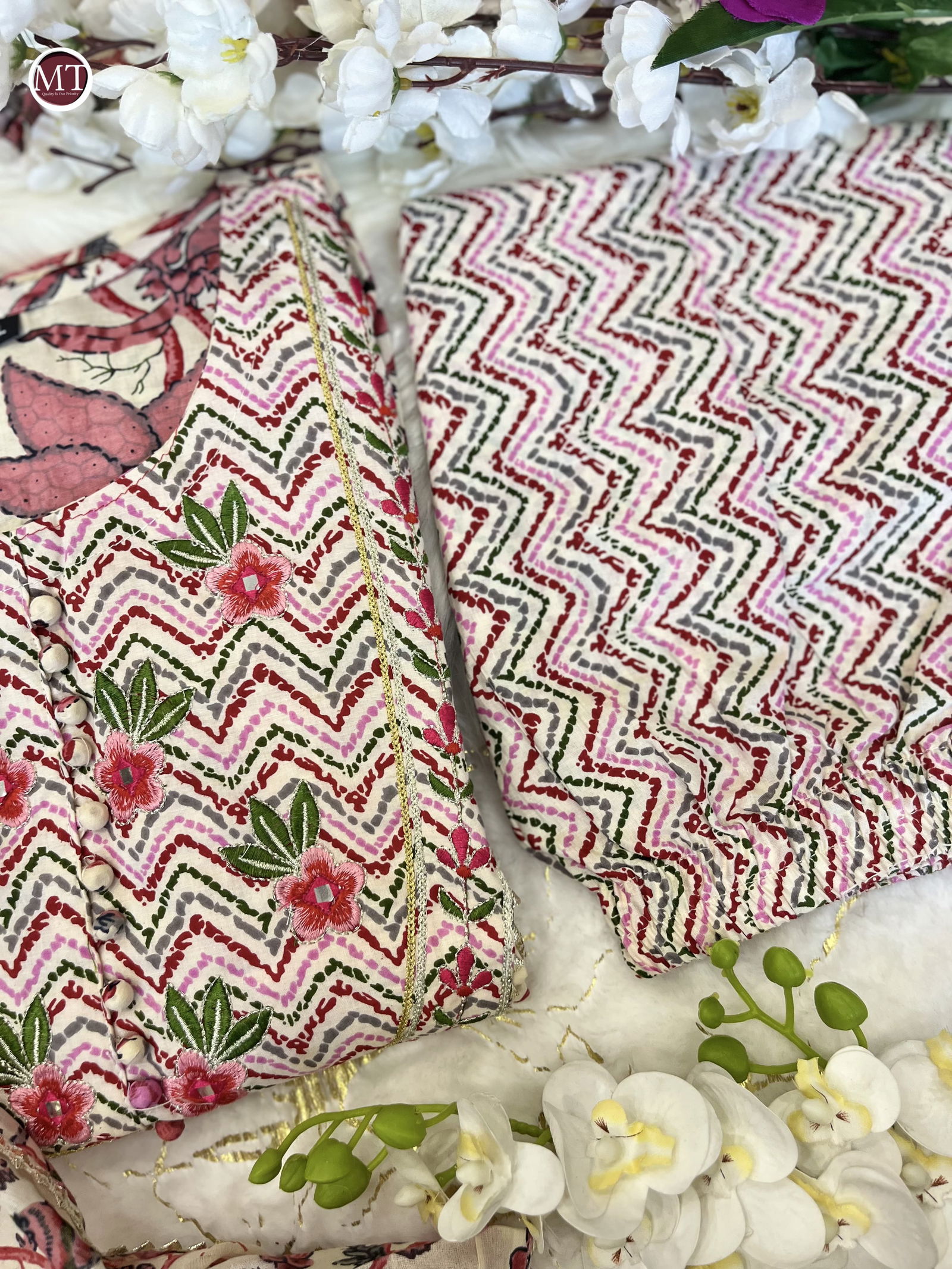 MT Designer Printed Anarkali Cotton Kurti With Bottom Dupatta Wholesale Price In Surat
